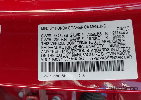 2019 Honda Accord Sport from USA, damaged, VIN 1HGCV1F38KA151947